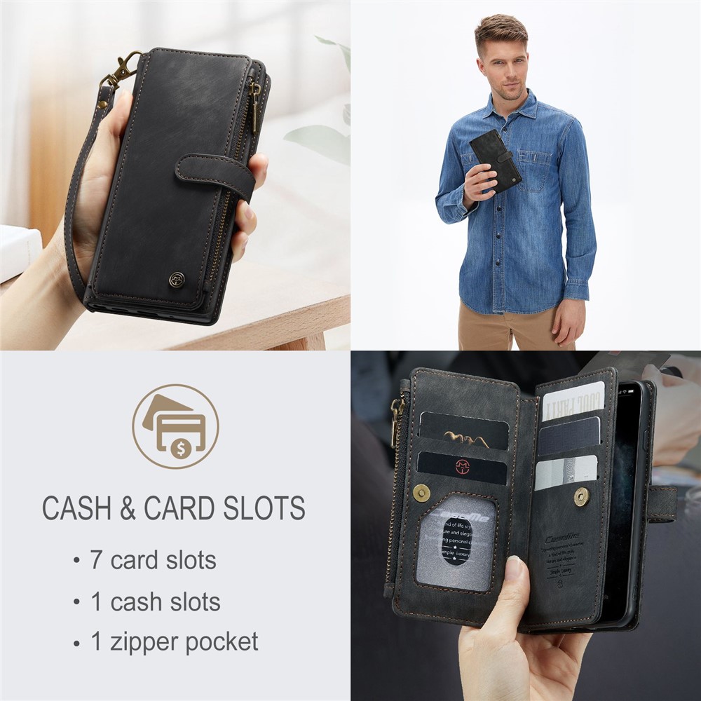 CASEME C30 Series Anti-fall Phone Wallet Case for iPhone 11 6.1 inch, Zipper Pocket Mobile Phone Cover Stand with Handy Strap and Multiple Card Slots - Black-10