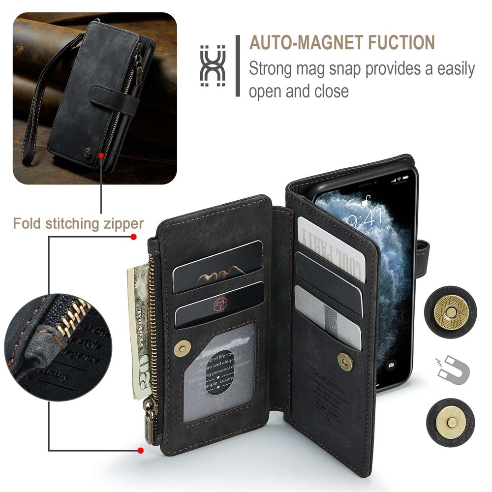 CASEME C30 Series Anti-fall Phone Wallet Case for iPhone 11 6.1 inch, Zipper Pocket Mobile Phone Cover Stand with Handy Strap and Multiple Card Slots - Black-11