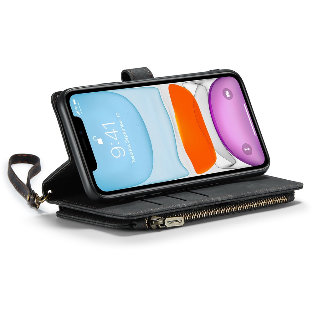 CASEME C30 Series Anti-fall Phone Wallet Case for iPhone 11 6.1 inch, Zipper Pocket Mobile Phone Cover Stand with Handy Strap and Multiple Card Slots - Black-2