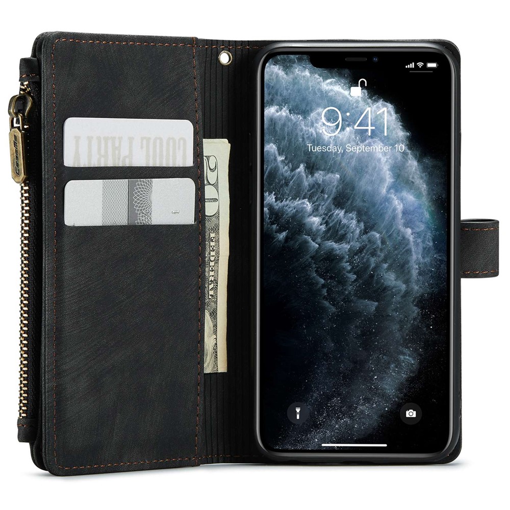 CASEME C30 Series Anti-fall Phone Wallet Case for iPhone 11 6.1 inch, Zipper Pocket Mobile Phone Cover Stand with Handy Strap and Multiple Card Slots - Black-4