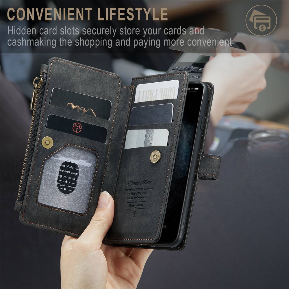 CASEME C30 Series Anti-fall Phone Wallet Case for iPhone 11 6.1 inch, Zipper Pocket Mobile Phone Cover Stand with Handy Strap and Multiple Card Slots - Black-5