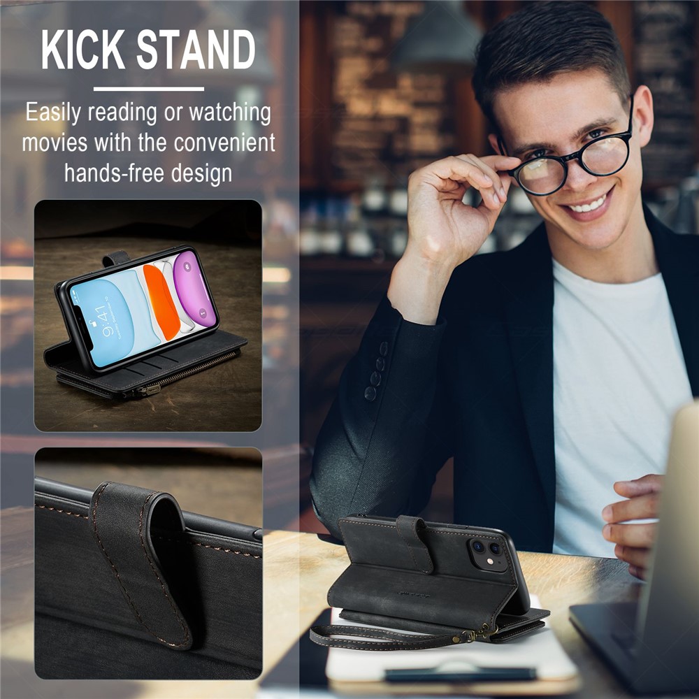 CASEME C30 Series Anti-fall Phone Wallet Case for iPhone 11 6.1 inch, Zipper Pocket Mobile Phone Cover Stand with Handy Strap and Multiple Card Slots - Black-7