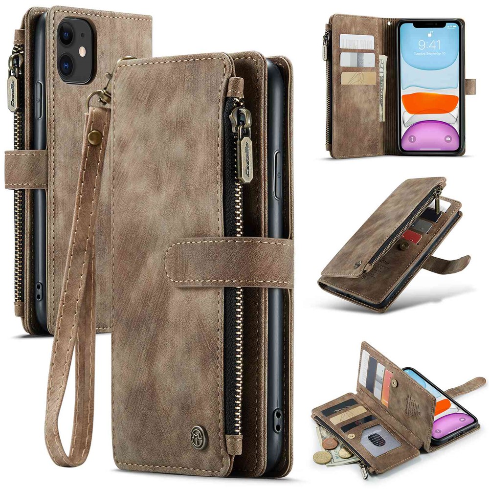 For iPhone 11 Phone Cases with Strap CASEME C30 Zipper Multiple Card Holder PU Leather Cover - Brown