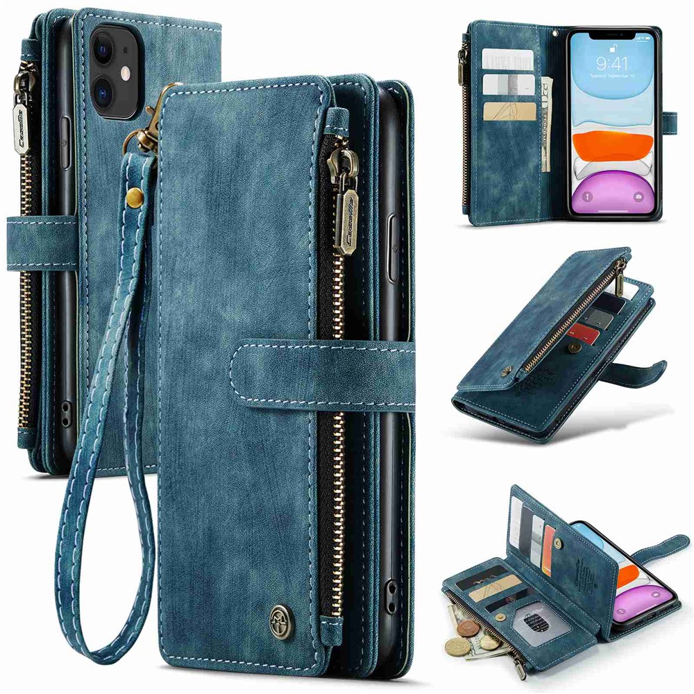 For iPhone 11 Phone Cases with Strap CASEME C30 Zipper Multiple Card Holder PU Leather Cover - Blue