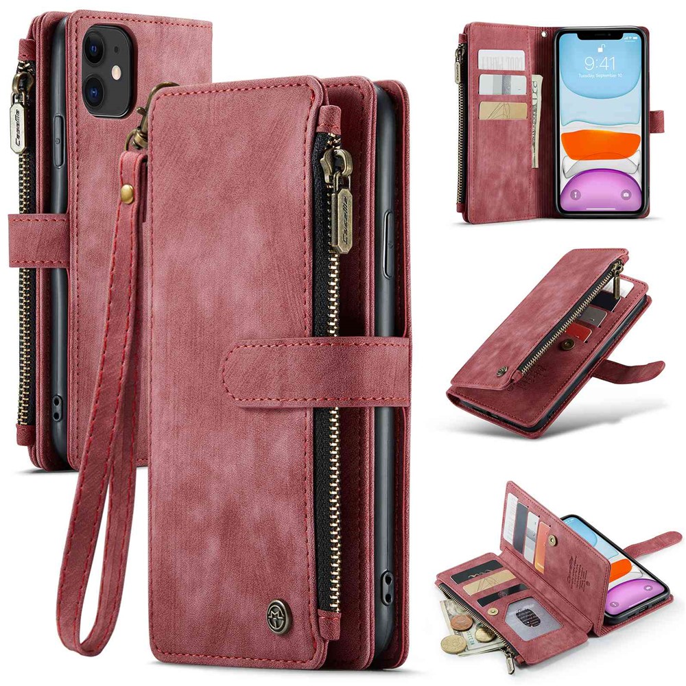 For iPhone 11 Phone Cases with Strap CASEME C30 Zipper Multiple Card Holder PU Leather Cover - Red