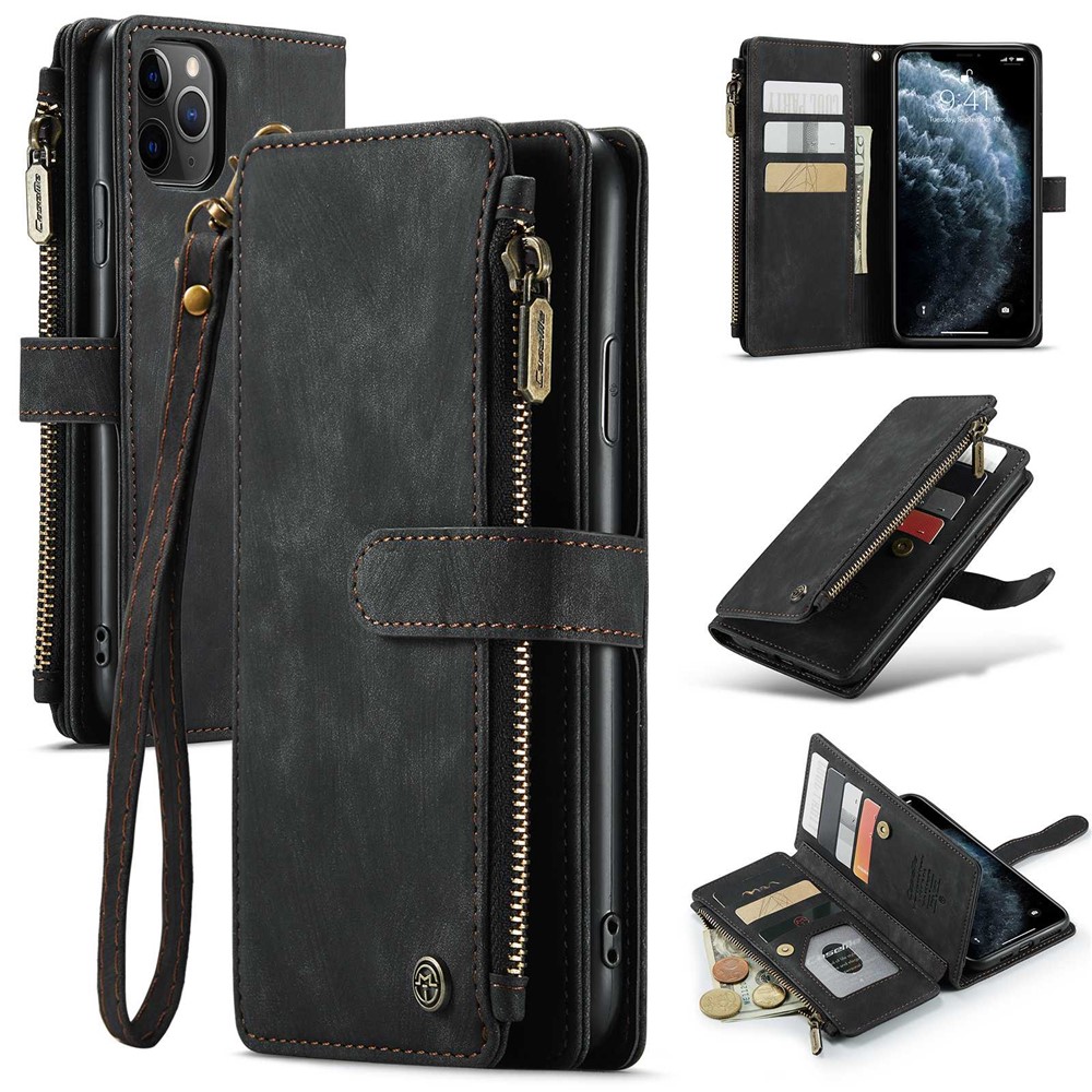 For iPhone 11 Pro Max Phone Cases with Strap CASEME C30 Zipper Multiple Card Holder PU Leather Cover - Black