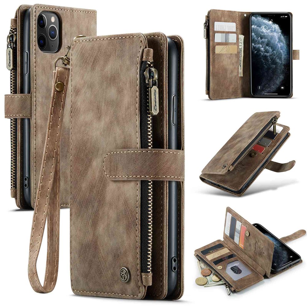 For iPhone 11 Pro Max Phone Cases with Strap CASEME C30 Zipper Multiple Card Holder PU Leather Cover - Brown