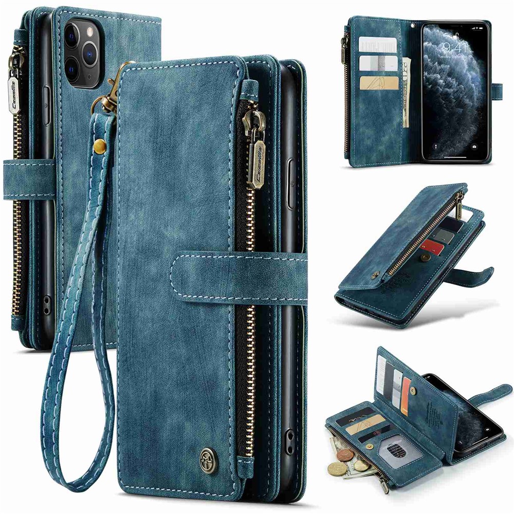 For iPhone 11 Pro Max Phone Cases with Strap CASEME C30 Zipper Multiple Card Holder PU Leather Cover - Blue