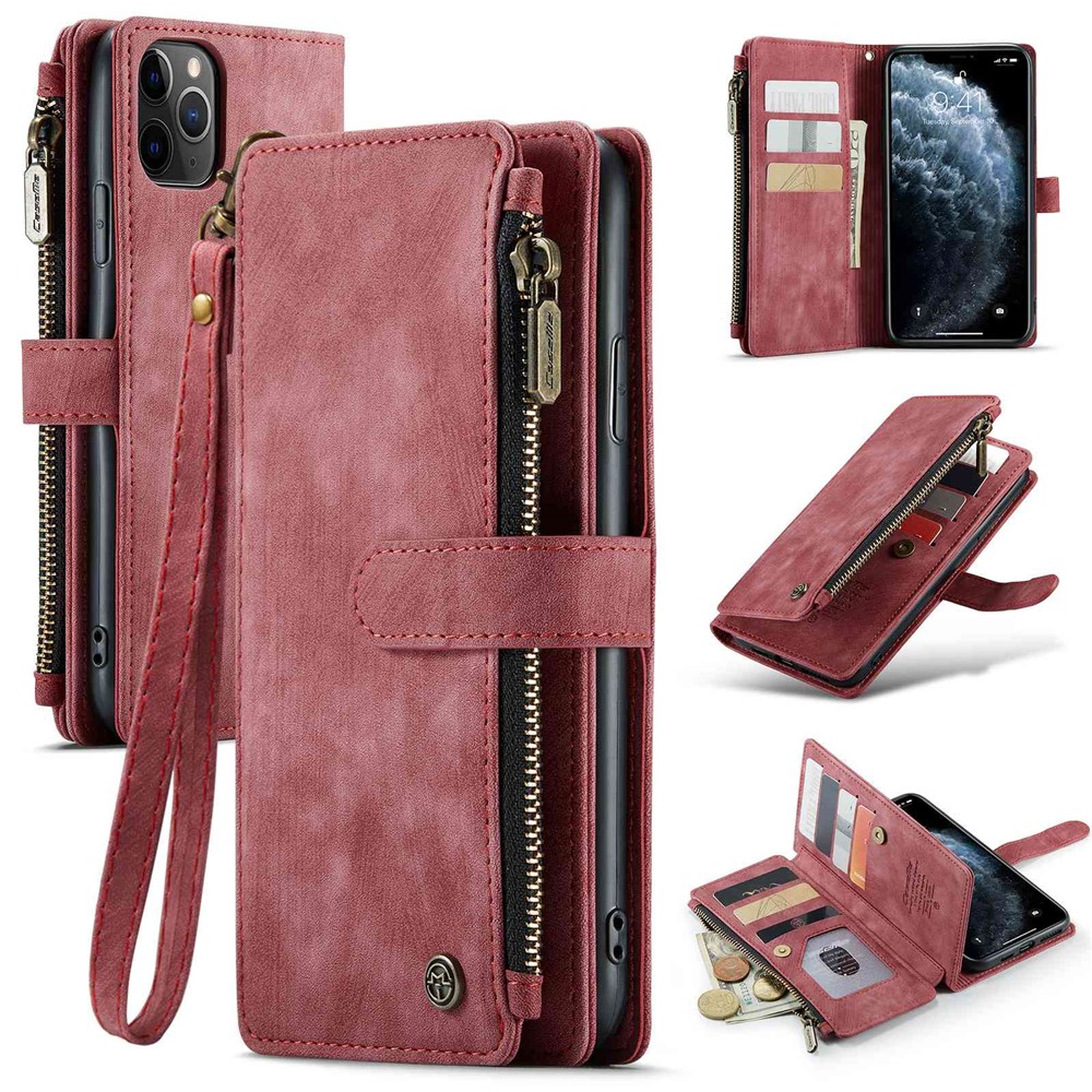 For iPhone 11 Pro Max Phone Cases with Strap CASEME C30 Zipper Multiple Card Holder PU Leather Cover - Red
