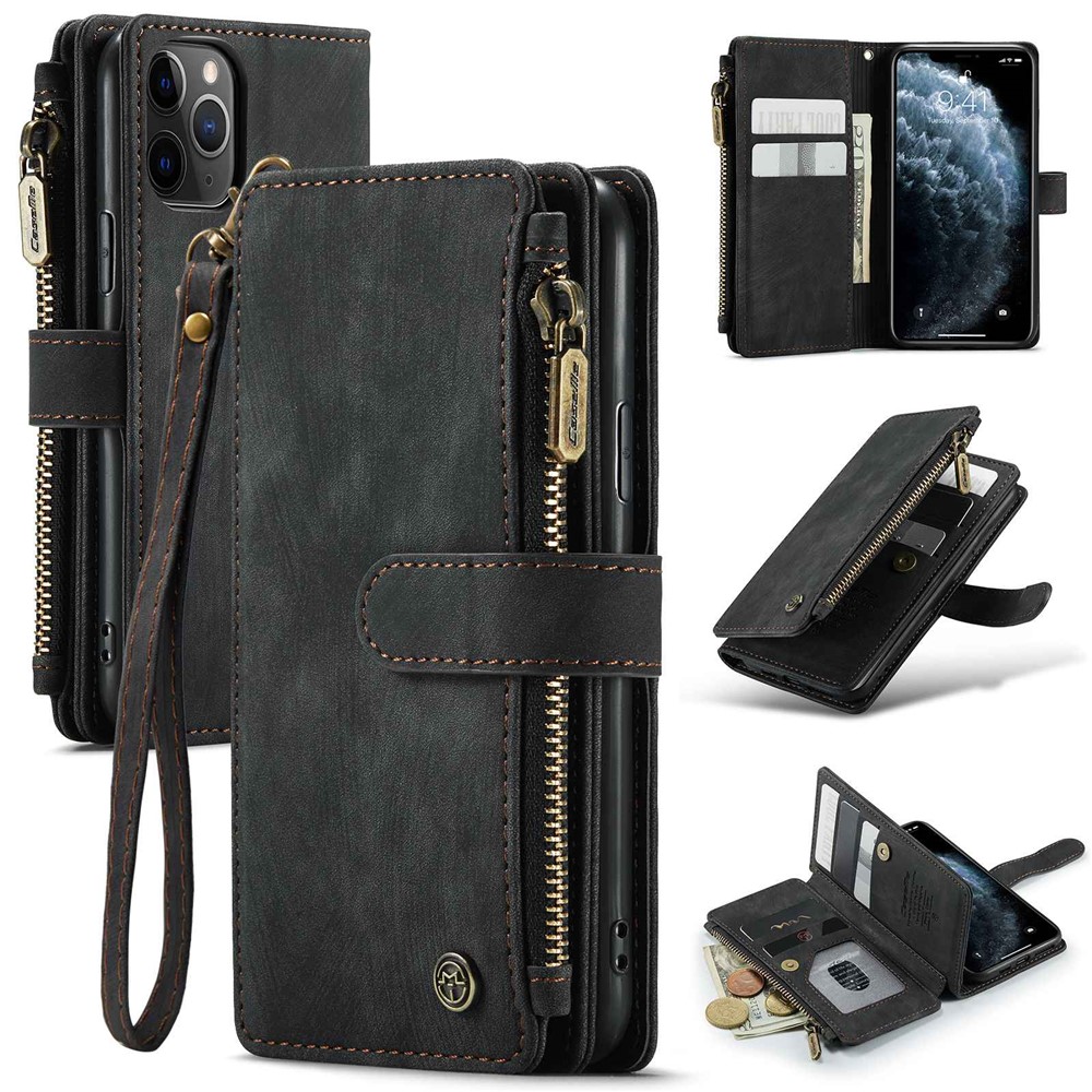 CASEME C30 Series Phone Wallet Case for iPhone 11 Pro 5.8 inch, Scratch-resistant Zipper Pocket Full Protection Back Cover Stand with Handy Strap and Multiple Card Slots - Black-1