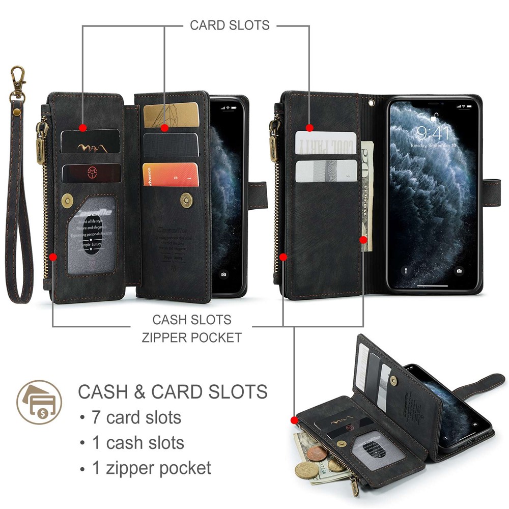 CASEME C30 Series Phone Wallet Case for iPhone 11 Pro 5.8 inch, Scratch-resistant Zipper Pocket Full Protection Back Cover Stand with Handy Strap and Multiple Card Slots - Black-8