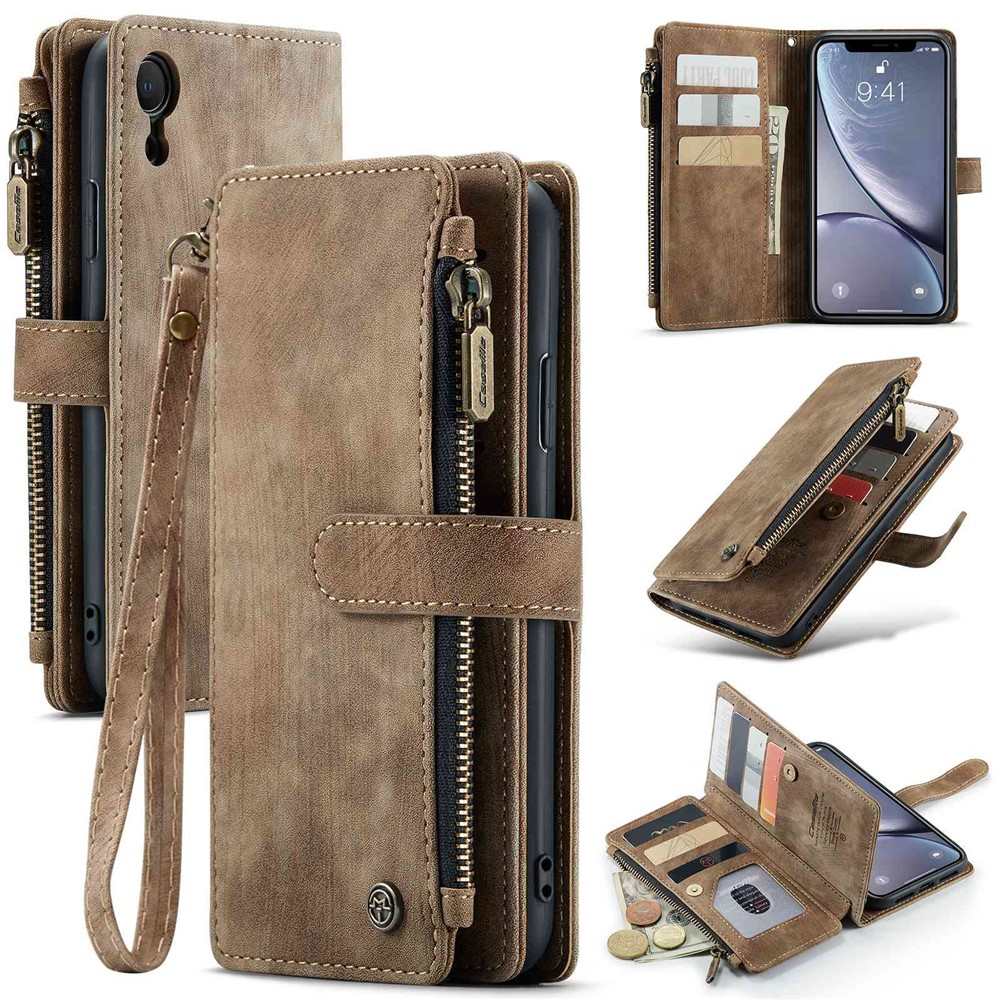 For iPhone XR Phone Cases with Strap CASEME C30 Zipper Multiple Card Holder PU Leather Cover - Brown