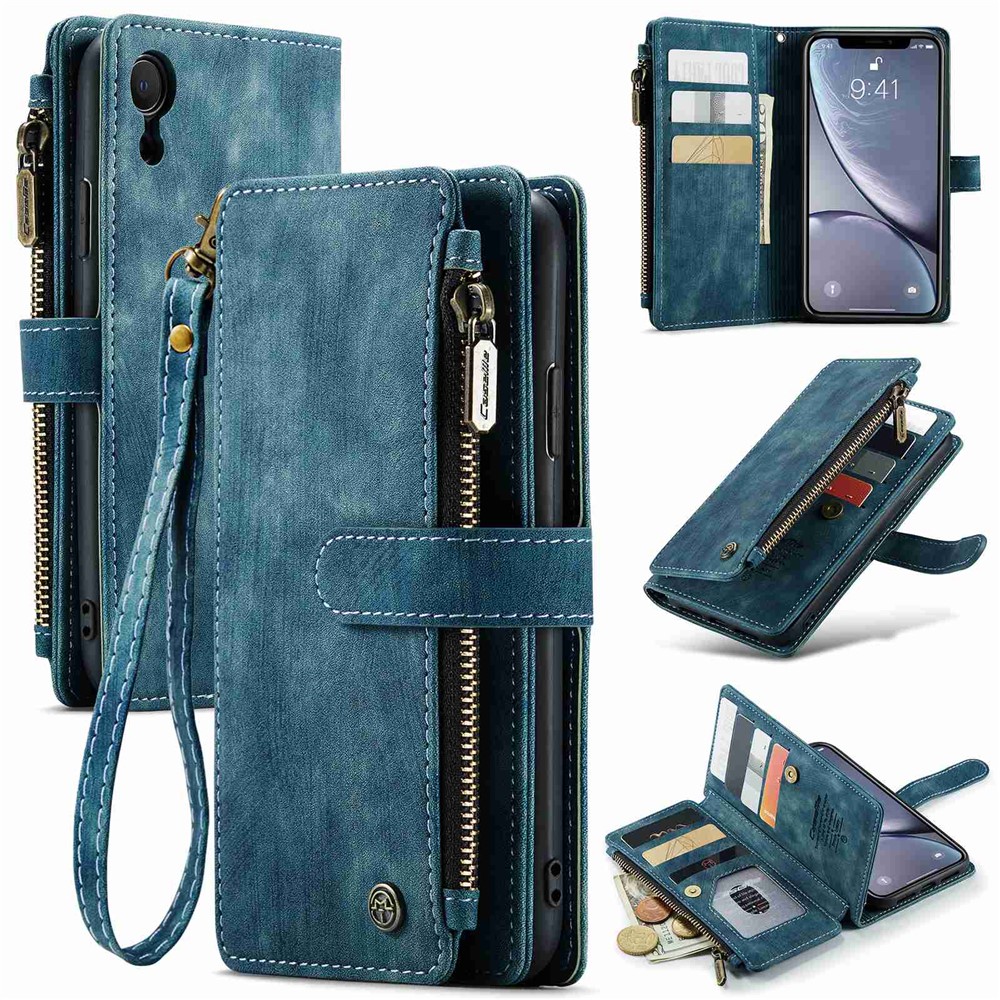 For iPhone XR Phone Cases with Strap CASEME C30 Zipper Multiple Card Holder PU Leather Cover - Blue