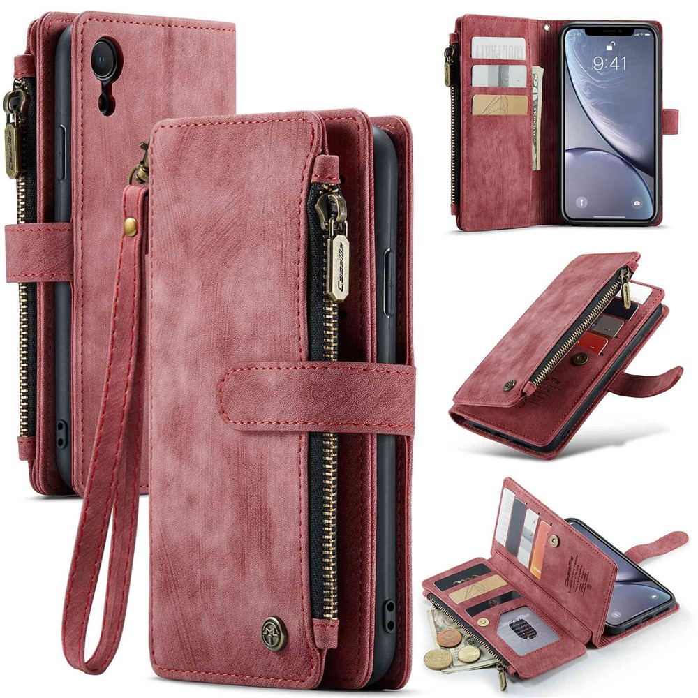 For iPhone XR Phone Cases with Strap CASEME C30 Zipper Multiple Card Holder PU Leather Cover - Red