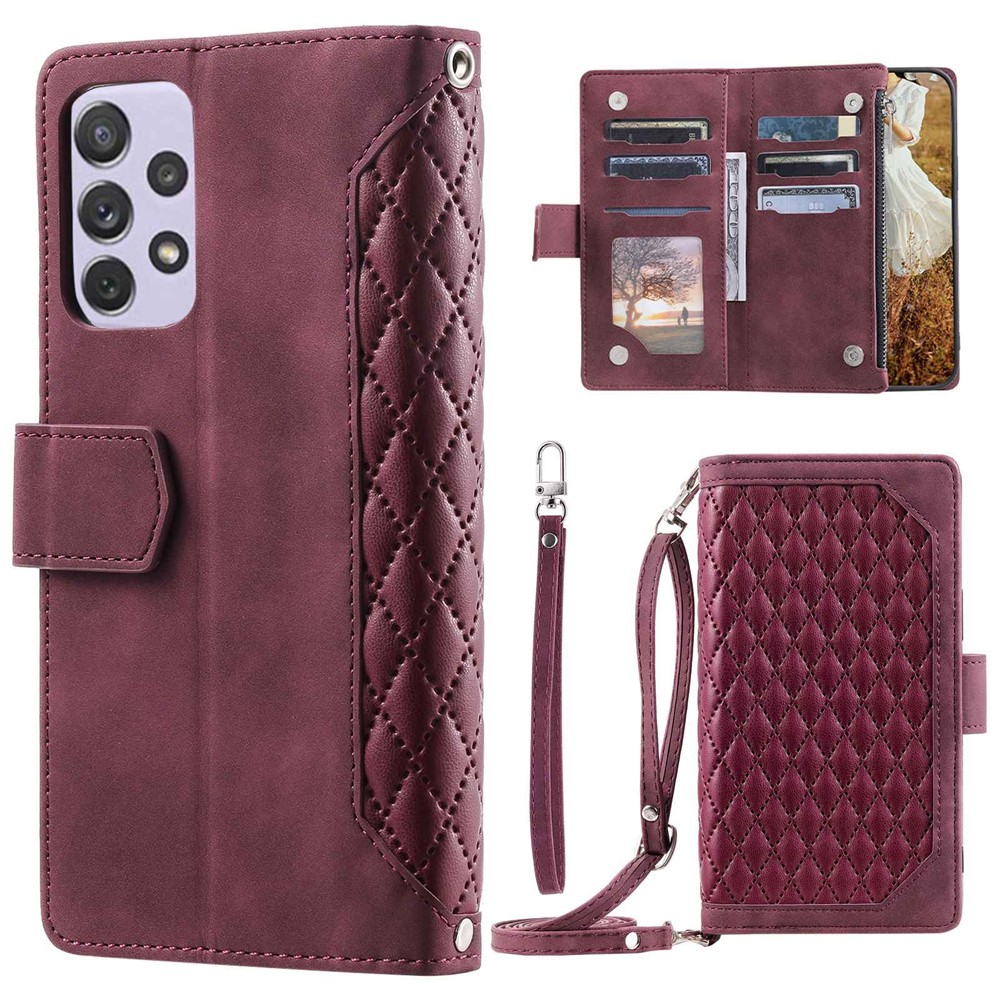 For Samsung Galaxy A72 4G / 5G 005 Style Anti-scratch Zipper Pocket Wallet Cover Rhombus Texture Leather Phone Case Stand with Shoulder Strap and Hand Strap - Wine Red