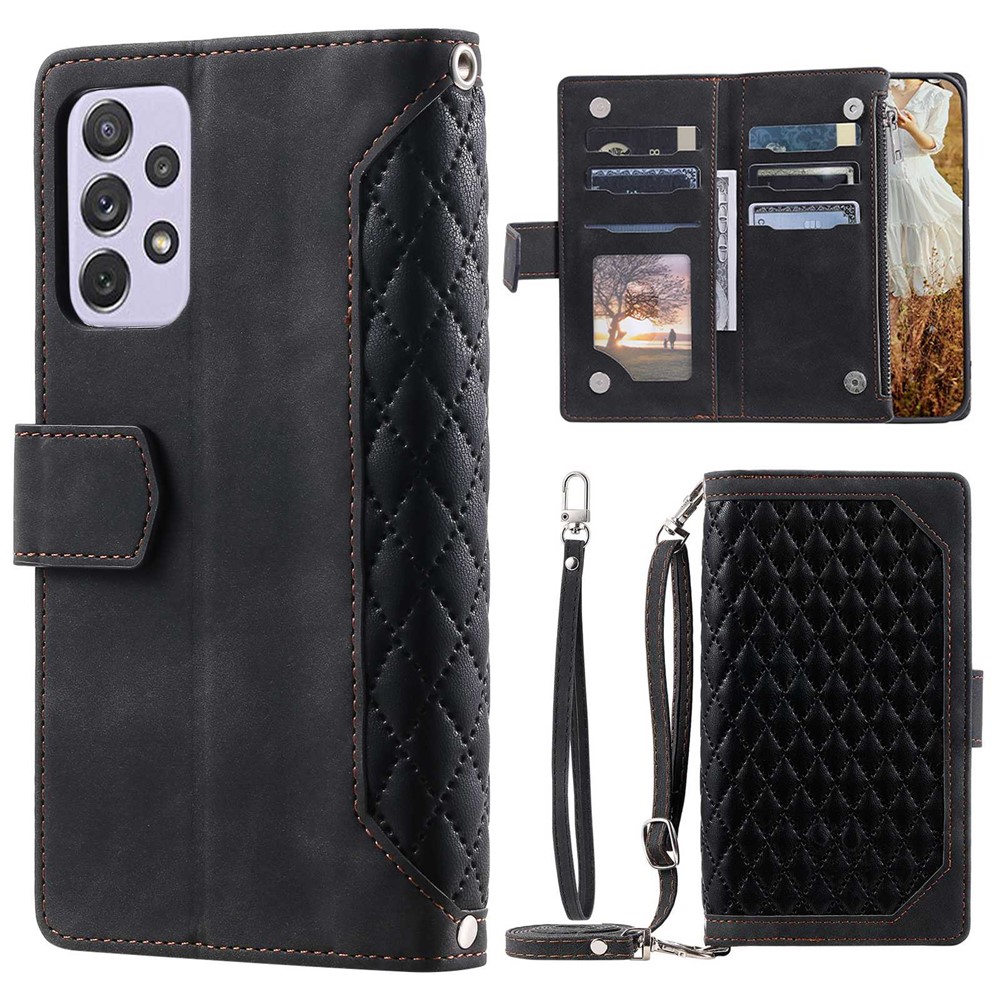 For Samsung Galaxy A72 4G / 5G 005 Style Anti-scratch Zipper Pocket Wallet Cover Rhombus Texture Leather Phone Case Stand with Shoulder Strap and Hand Strap - Black