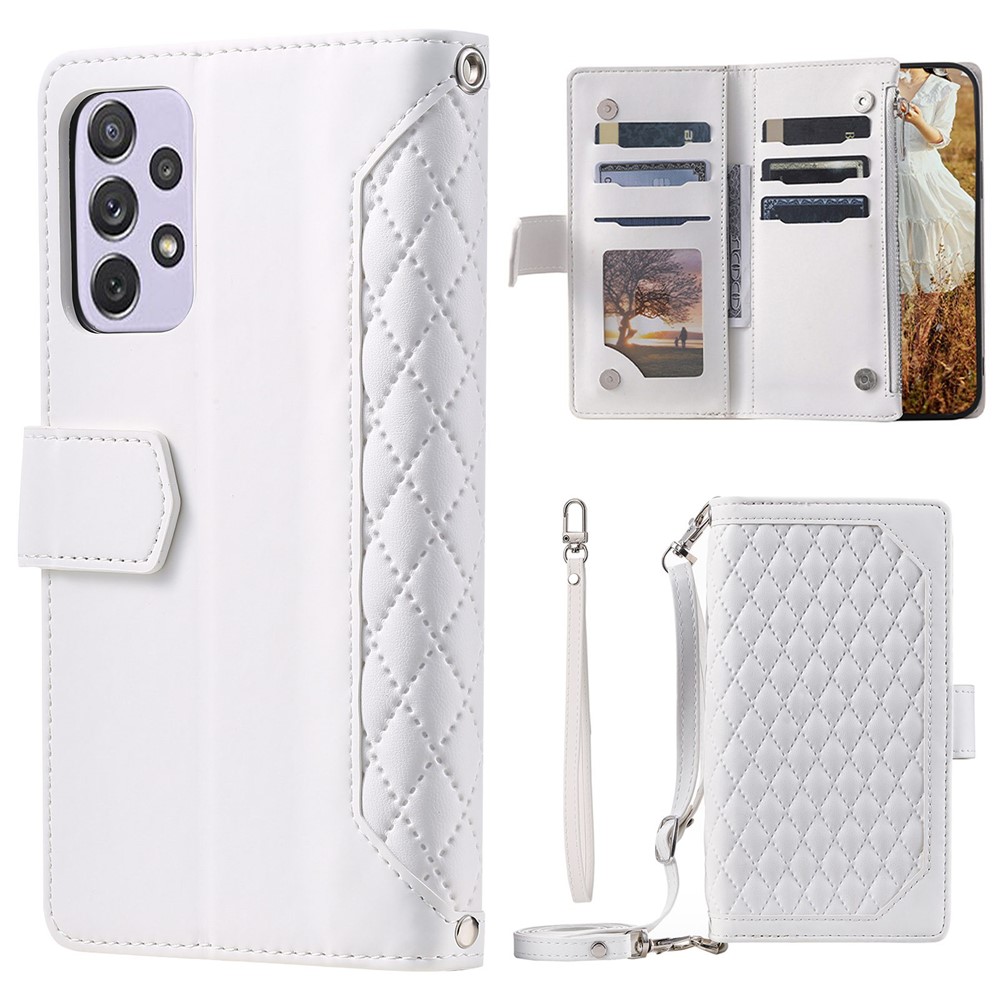 For Samsung Galaxy A72 4G / 5G 005 Style Anti-scratch Zipper Pocket Wallet Cover Rhombus Texture Leather Phone Case Stand with Shoulder Strap and Hand Strap - White