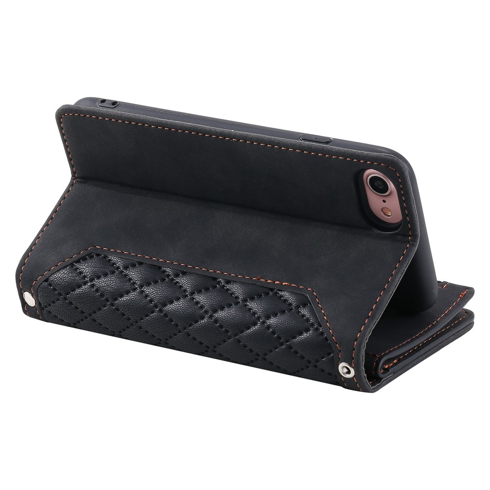 For iPhone 7 / 8 4.7 inch / iPhone SE (2022) / SE (2020) 005 Style Zipper Pocket Rhombus Texture Leather Wallet Stand Phone Case with Shoulder Strap and Hand Strap - Black-3