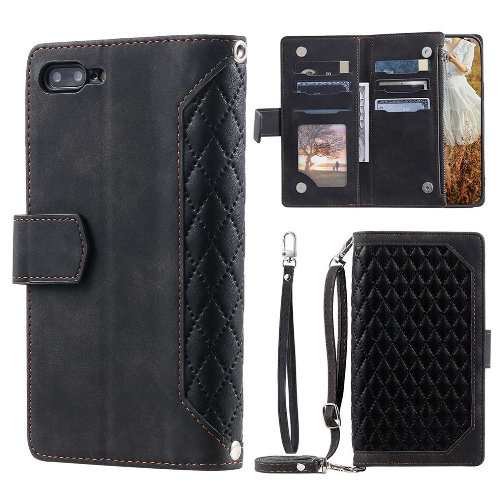 For iPhone 7 Plus / 8 Plus 5.5 inch 005 Style Zipper Pocket Leather Rhombus Texture Cover Multiple Card Slots Phone Case with Shoulder Strap and Hand Strap - Black-1