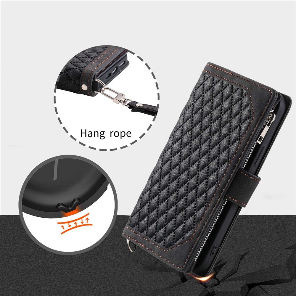 For iPhone 7 Plus / 8 Plus 5.5 inch 005 Style Zipper Pocket Leather Rhombus Texture Cover Multiple Card Slots Phone Case with Shoulder Strap and Hand Strap - Black-6