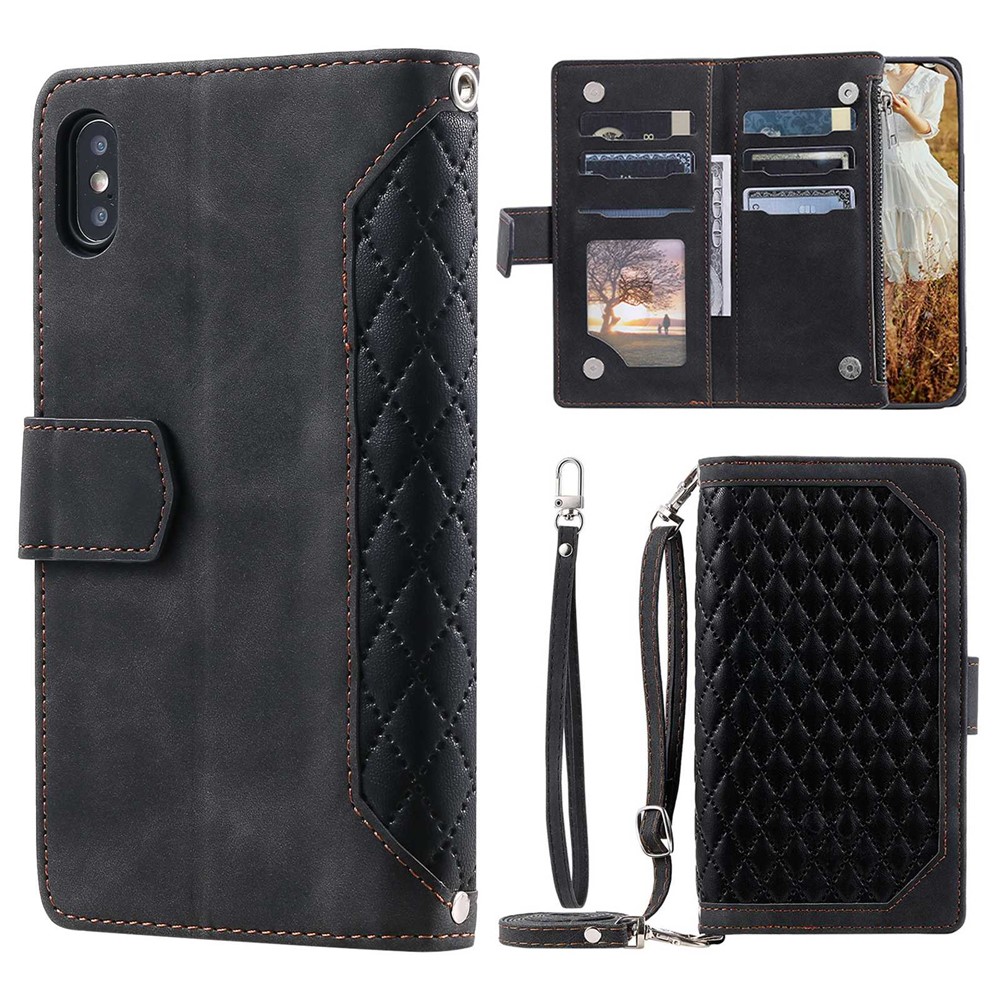 Rhombus Texture Phone Case for iPhone X / XS 5.8 inch, 005 Style Multiple Card Slots Zipper Pocket PU Leather Cover with Shoulder Strap and Hand Strap - Black-1