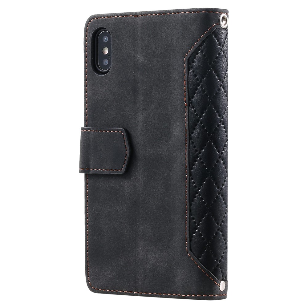Rhombus Texture Phone Case for iPhone X / XS 5.8 inch, 005 Style Multiple Card Slots Zipper Pocket PU Leather Cover with Shoulder Strap and Hand Strap - Black-11