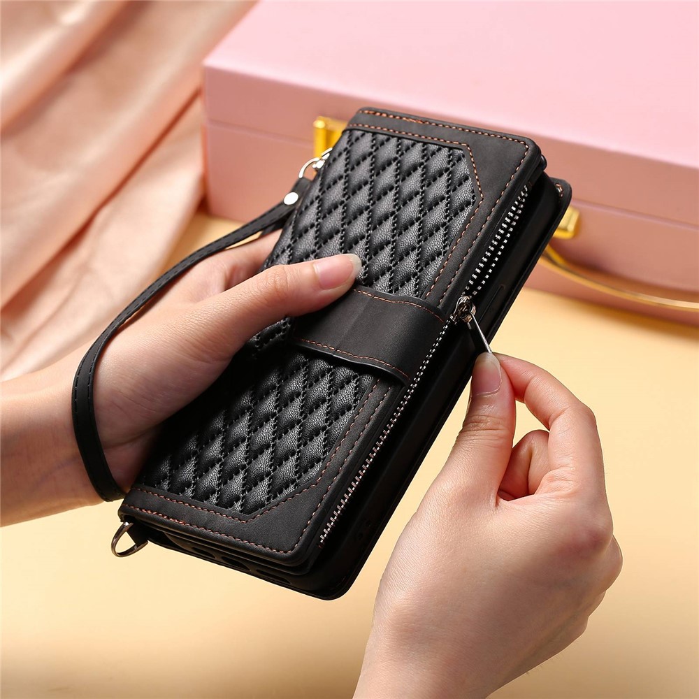 Rhombus Texture Phone Case for iPhone X / XS 5.8 inch, 005 Style Multiple Card Slots Zipper Pocket PU Leather Cover with Shoulder Strap and Hand Strap - Black-7