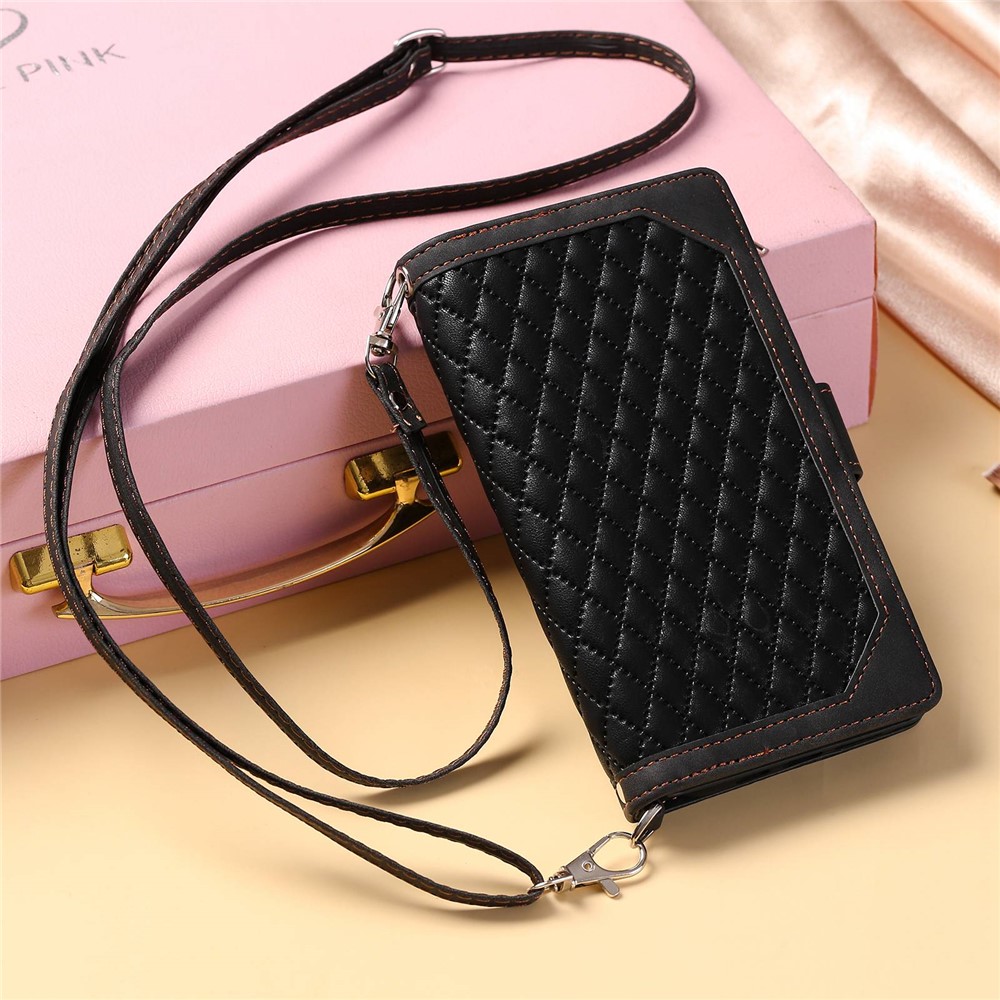 Rhombus Texture Phone Case for iPhone X / XS 5.8 inch, 005 Style Multiple Card Slots Zipper Pocket PU Leather Cover with Shoulder Strap and Hand Strap - Black-8