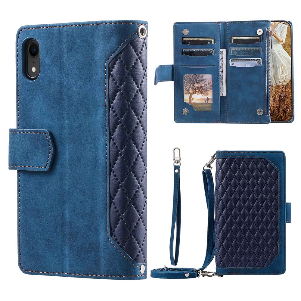 Zipper Pocket Leather Phone Cover for iPhone XR 6.1 inch, 005 Style Rhombus Texture Multiple Card Slots Stand Case with Shoulder Strap and Hand Strap - Blue