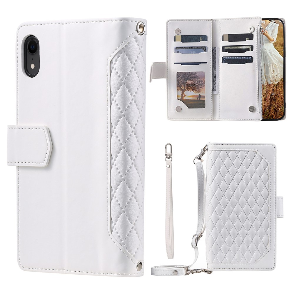 Zipper Pocket Leather Phone Cover for iPhone XR 6.1 inch, 005 Style Rhombus Texture Multiple Card Slots Stand Case with Shoulder Strap and Hand Strap - White