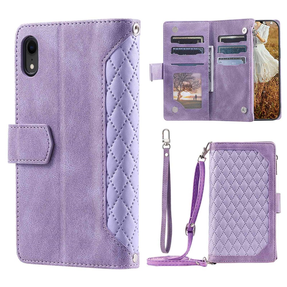 Zipper Pocket Leather Phone Cover for iPhone XR 6.1 inch, 005 Style Rhombus Texture Multiple Card Slots Stand Case with Shoulder Strap and Hand Strap - Purple