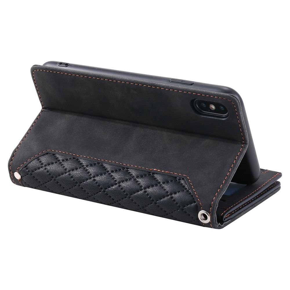 Zipper Pocket Leather Case for iPhone XS Max 6.5 inch, 005 Style Rhombus Texture Stand Shockproof Phone Cover with Shoulder Strap and Hand Strap - Black-3