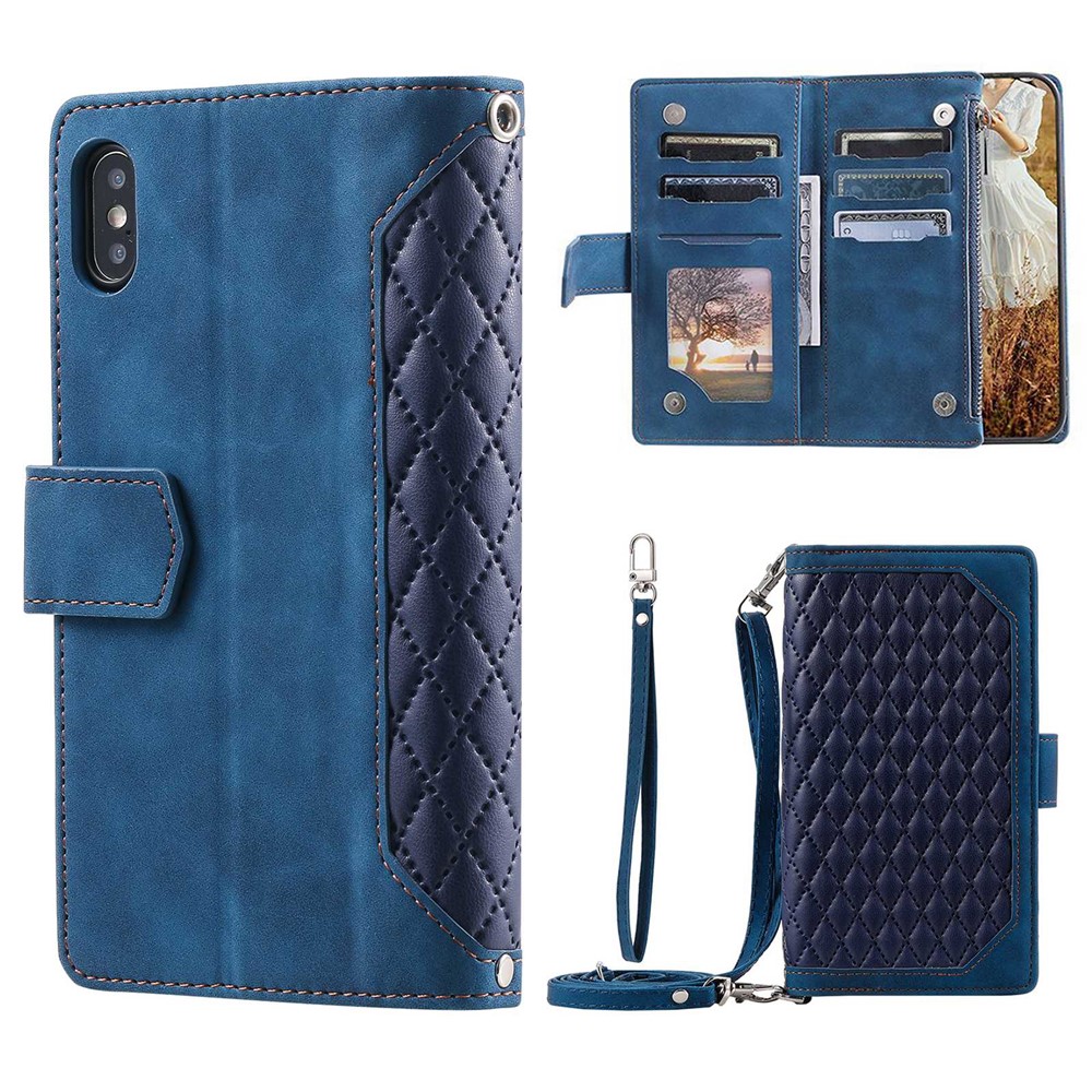 Zipper Pocket Leather Case for iPhone XS Max 6.5 inch, 005 Style Rhombus Texture Stand Shockproof Phone Cover with Shoulder Strap and Hand Strap - Blue
