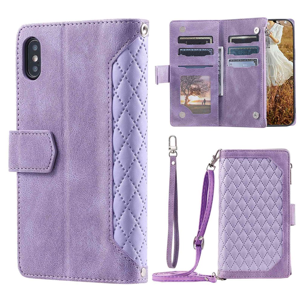 Zipper Pocket Leather Case for iPhone XS Max 6.5 inch, 005 Style Rhombus Texture Stand Shockproof Phone Cover with Shoulder Strap and Hand Strap - Purple