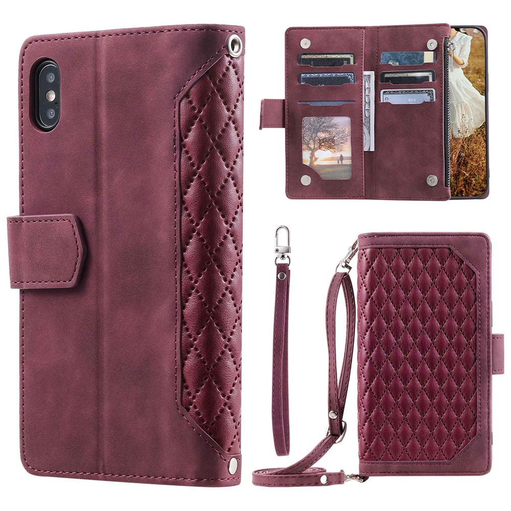 Zipper Pocket Leather Case for iPhone XS Max 6.5 inch, 005 Style Rhombus Texture Stand Shockproof Phone Cover with Shoulder Strap and Hand Strap - Wine Red