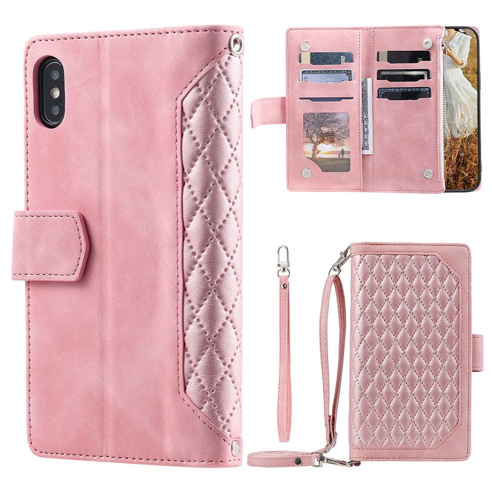 Zipper Pocket Leather Case for iPhone XS Max 6.5 inch, 005 Style Rhombus Texture Stand Shockproof Phone Cover with Shoulder Strap and Hand Strap - Pink