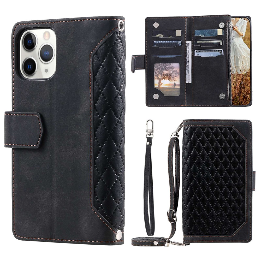 For iPhone 11 Pro 5.8 inch 005 Style Multiple Card Slots Rhombus Texture PU Leather Zipper Pocket Stand Phone Case with Shoulder Strap and Hand Strap - Black-1