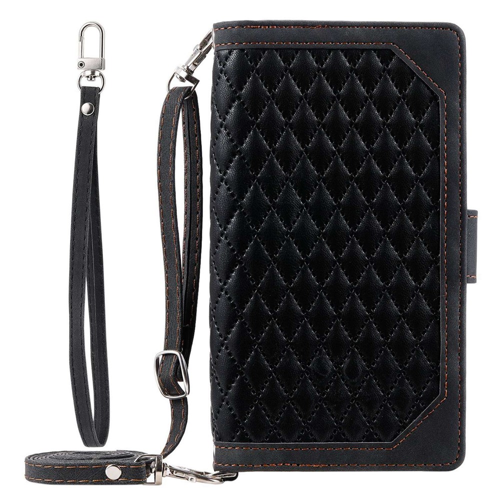 For iPhone 11 Pro 5.8 inch 005 Style Multiple Card Slots Rhombus Texture PU Leather Zipper Pocket Stand Phone Case with Shoulder Strap and Hand Strap - Black-10