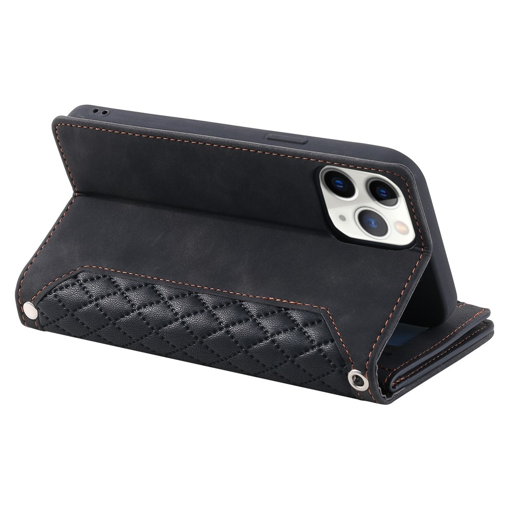 For iPhone 11 Pro 5.8 inch 005 Style Multiple Card Slots Rhombus Texture PU Leather Zipper Pocket Stand Phone Case with Shoulder Strap and Hand Strap - Black-3