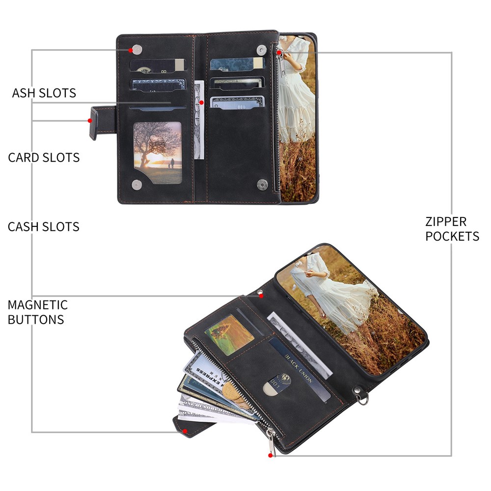 For iPhone 11 Pro 5.8 inch 005 Style Multiple Card Slots Rhombus Texture PU Leather Zipper Pocket Stand Phone Case with Shoulder Strap and Hand Strap - Black-4