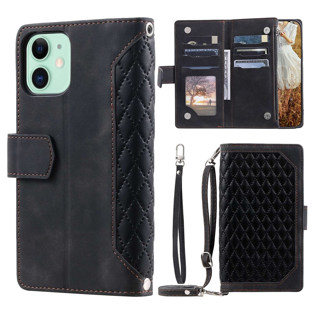 For iPhone 11 6.1 inch 005 Style Drop-proof Rhombus Texture Leather Wallet Cover Stand Zipper Pocket Phone Case with Shoulder Strap and Hand Strap - Black