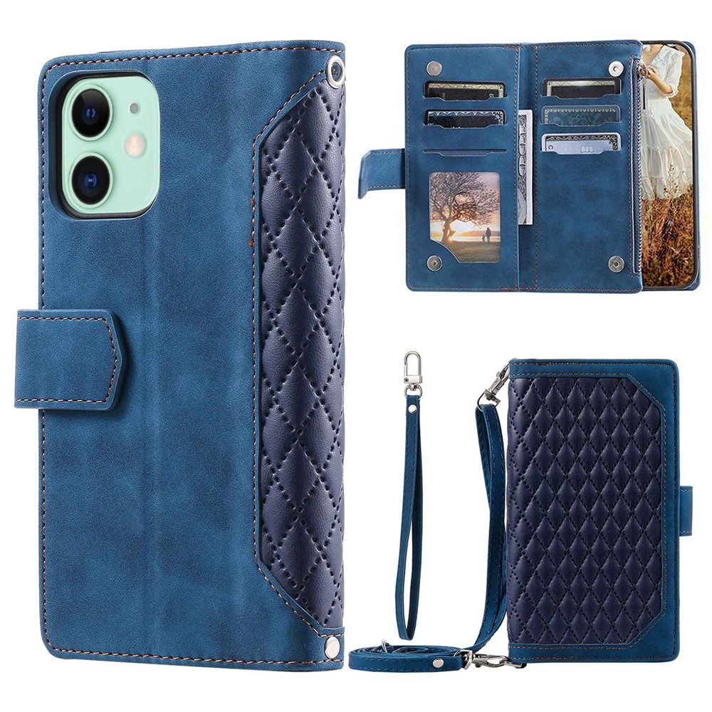 For iPhone 11 6.1 inch 005 Style Drop-proof Rhombus Texture Leather Wallet Cover Stand Zipper Pocket Phone Case with Shoulder Strap and Hand Strap - Blue
