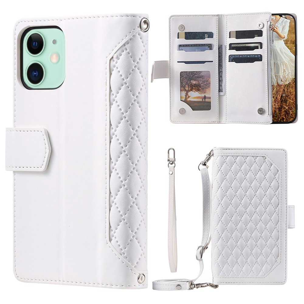 For iPhone 11 6.1 inch 005 Style Drop-proof Rhombus Texture Leather Wallet Cover Stand Zipper Pocket Phone Case with Shoulder Strap and Hand Strap - White