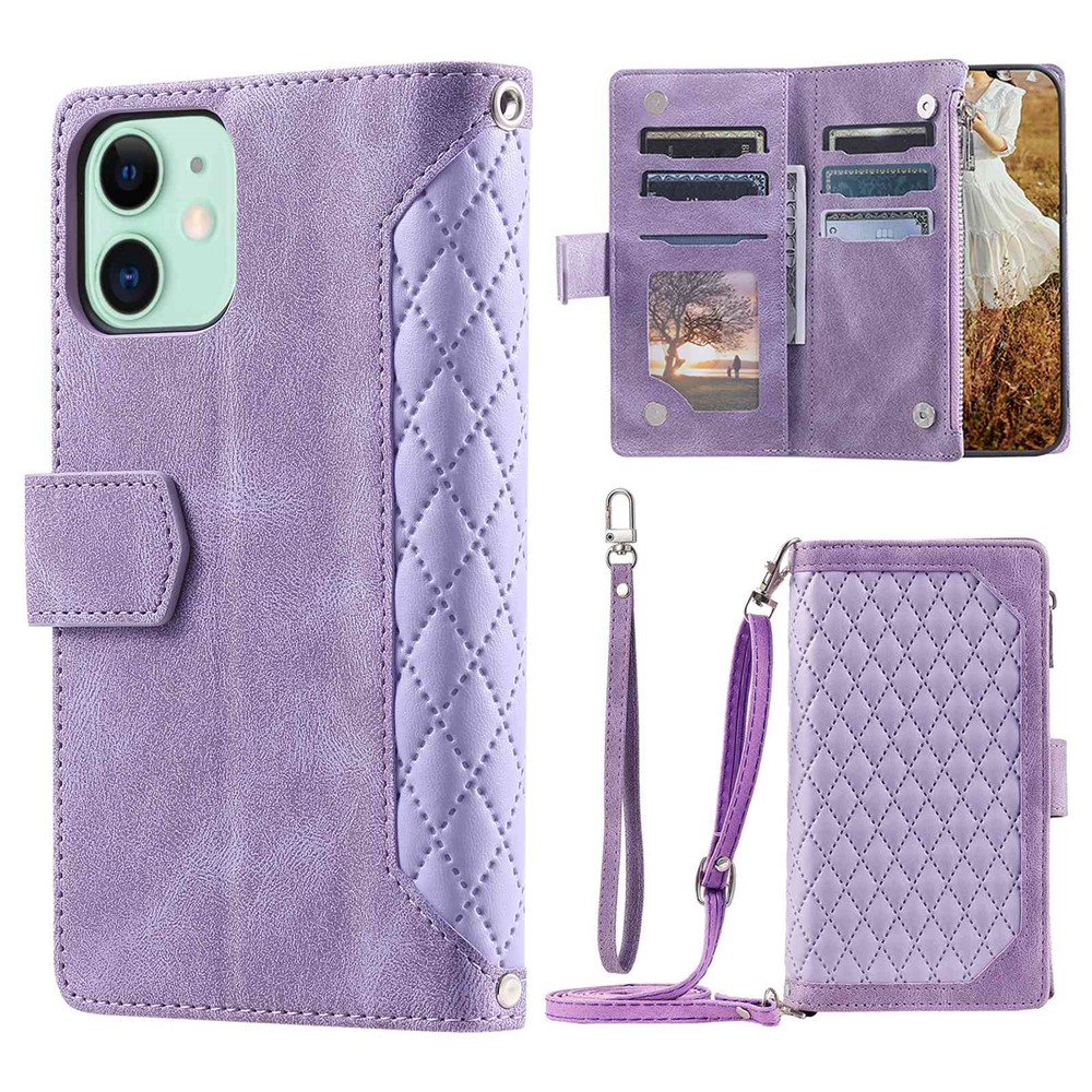 For iPhone 11 6.1 inch 005 Style Drop-proof Rhombus Texture Leather Wallet Cover Stand Zipper Pocket Phone Case with Shoulder Strap and Hand Strap - Purple