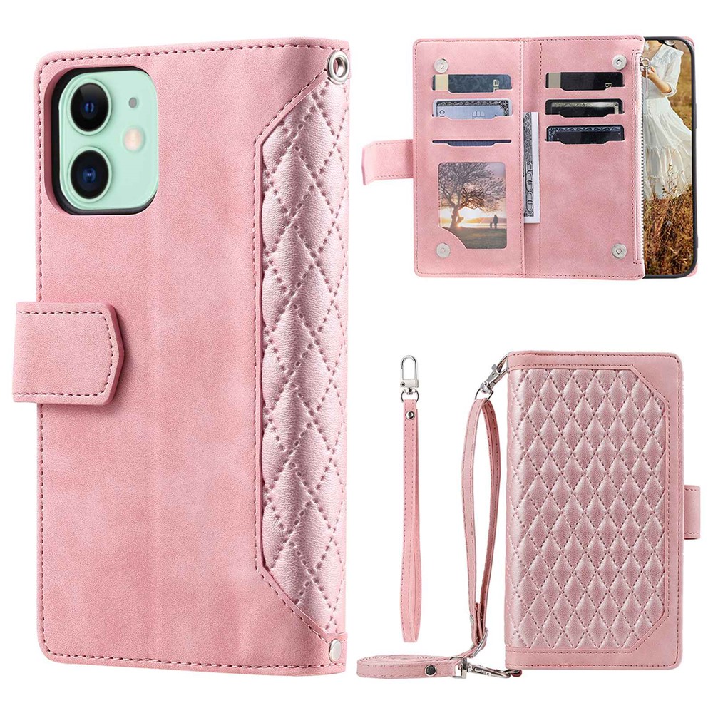 For iPhone 11 6.1 inch 005 Style Drop-proof Rhombus Texture Leather Wallet Cover Stand Zipper Pocket Phone Case with Shoulder Strap and Hand Strap - Pink