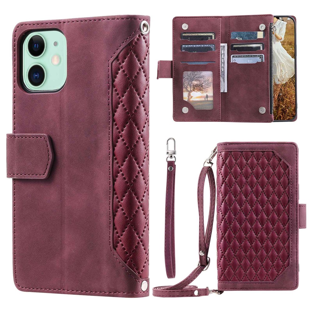 For iPhone 11 6.1 inch 005 Style Drop-proof Rhombus Texture Leather Wallet Cover Stand Zipper Pocket Phone Case with Shoulder Strap and Hand Strap - Wine Red