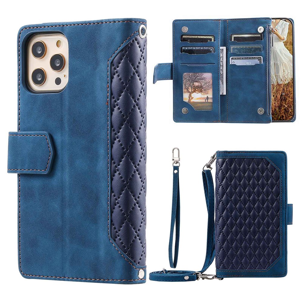 005 Style Drop-proof Phone Case for iPhone 11 Pro Max 6.5 inch, Leather Rhombus Texture Full Body Protection Stand Wallet Cover with Zipper Pocket - Blue