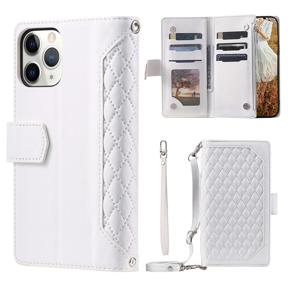 005 Style Drop-proof Phone Case for iPhone 11 Pro Max 6.5 inch, Leather Rhombus Texture Full Body Protection Stand Wallet Cover with Zipper Pocket - White