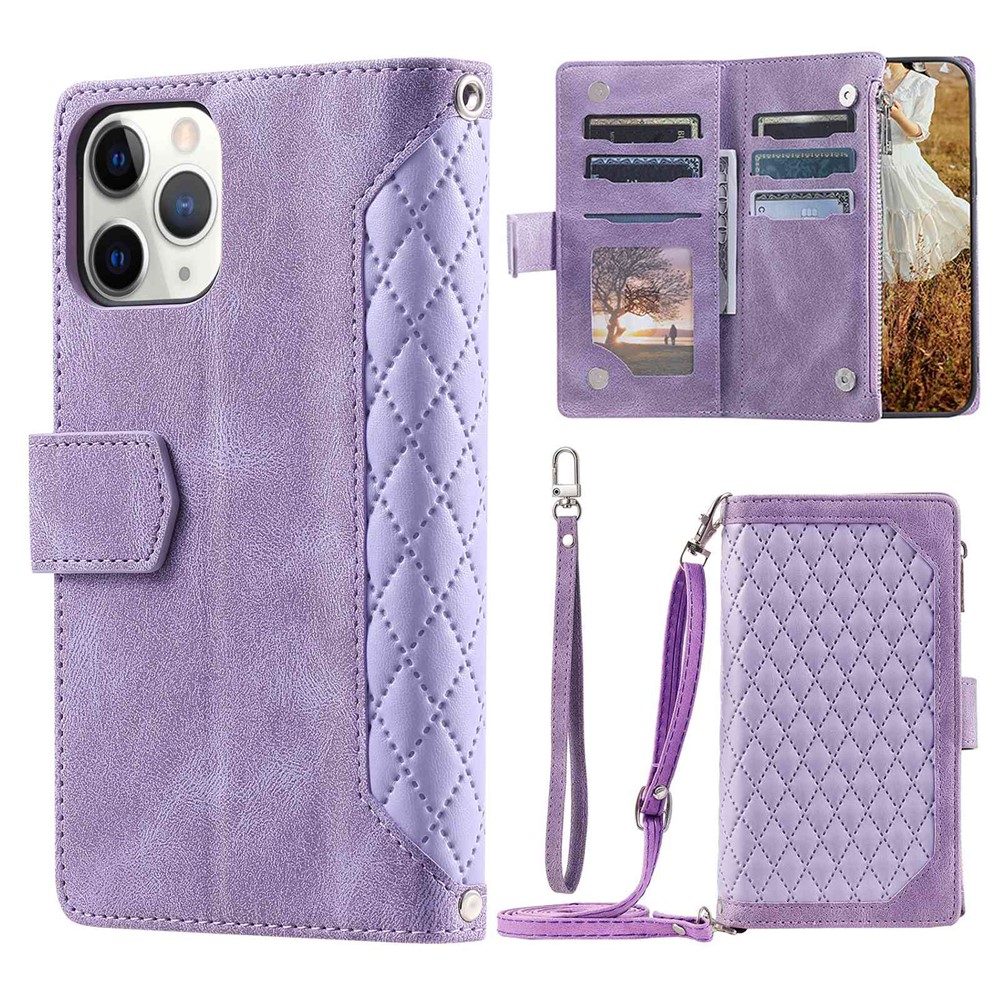 005 Style Drop-proof Phone Case for iPhone 11 Pro Max 6.5 inch, Leather Rhombus Texture Full Body Protection Stand Wallet Cover with Zipper Pocket - Purple