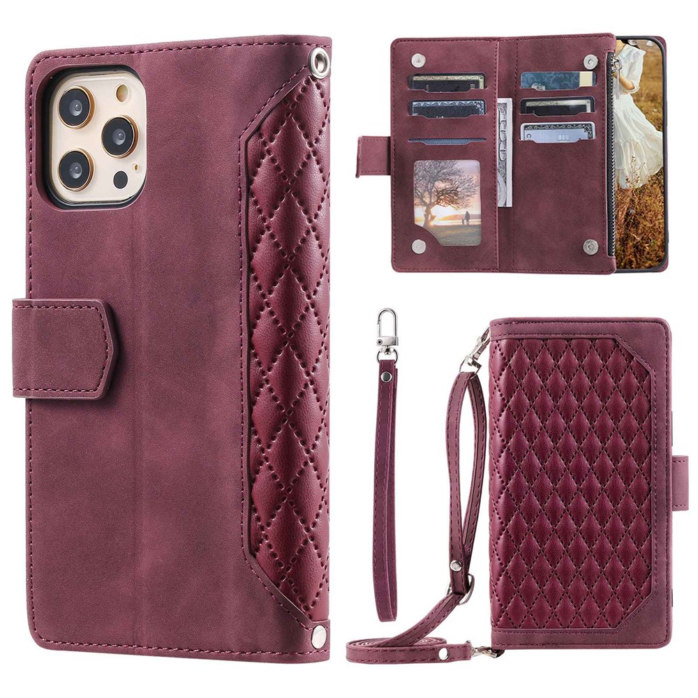 005 Style Drop-proof Phone Case for iPhone 11 Pro Max 6.5 inch, Leather Rhombus Texture Full Body Protection Stand Wallet Cover with Zipper Pocket - Wine Red